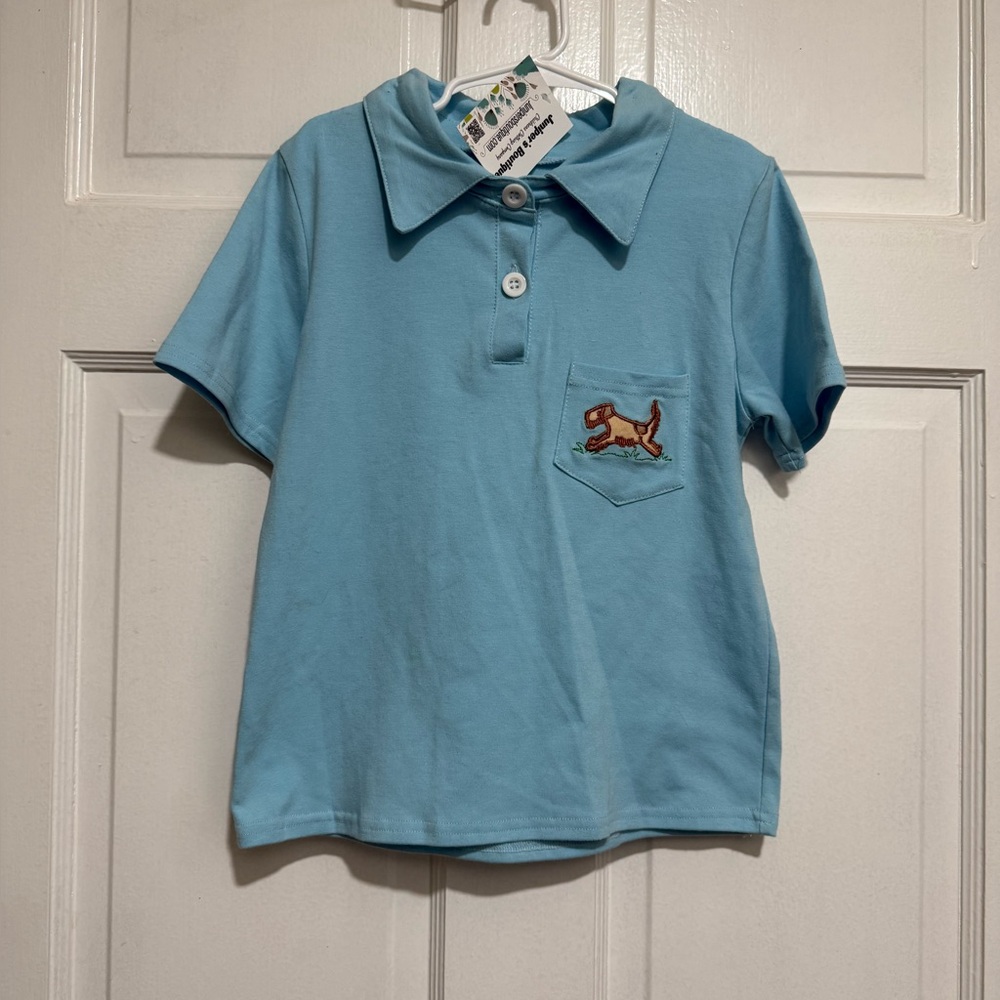 NEW Boys Appliqué Dog‎ Short Sleeve Shirt Shorts Outfit Size 6/7 Blue Gingham